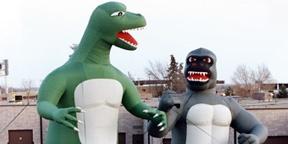 1980s inflatable gorilla and dinosaur outdoors