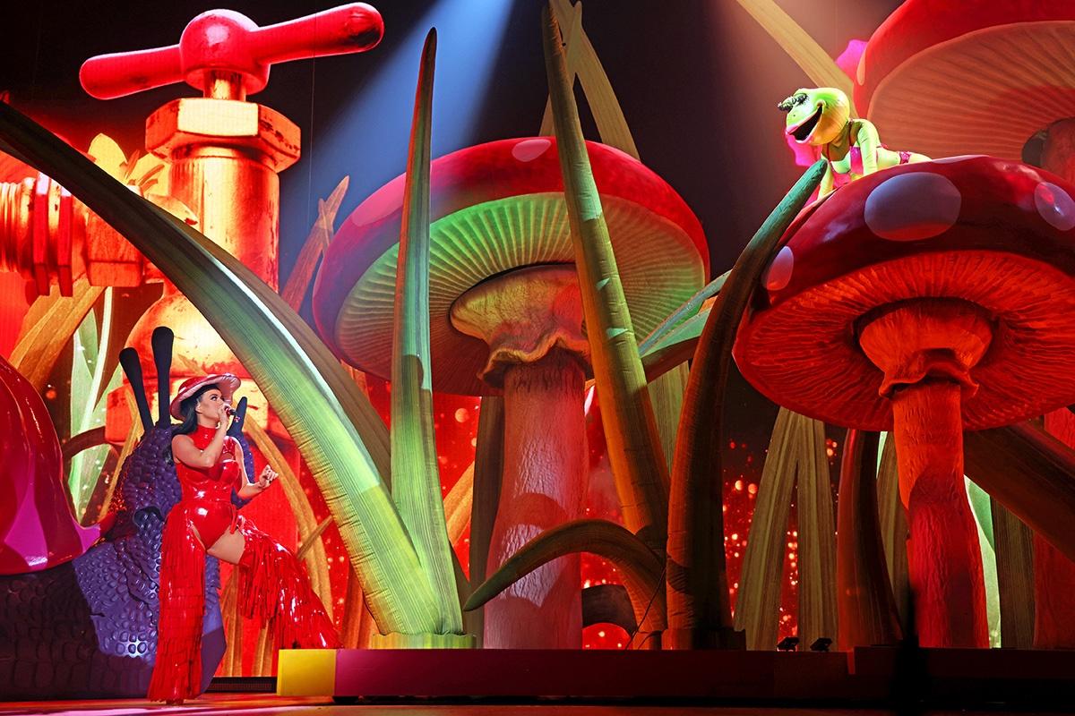 giant inflatable mushrooms on set for Katy Perry's Play Show in Las Vegas