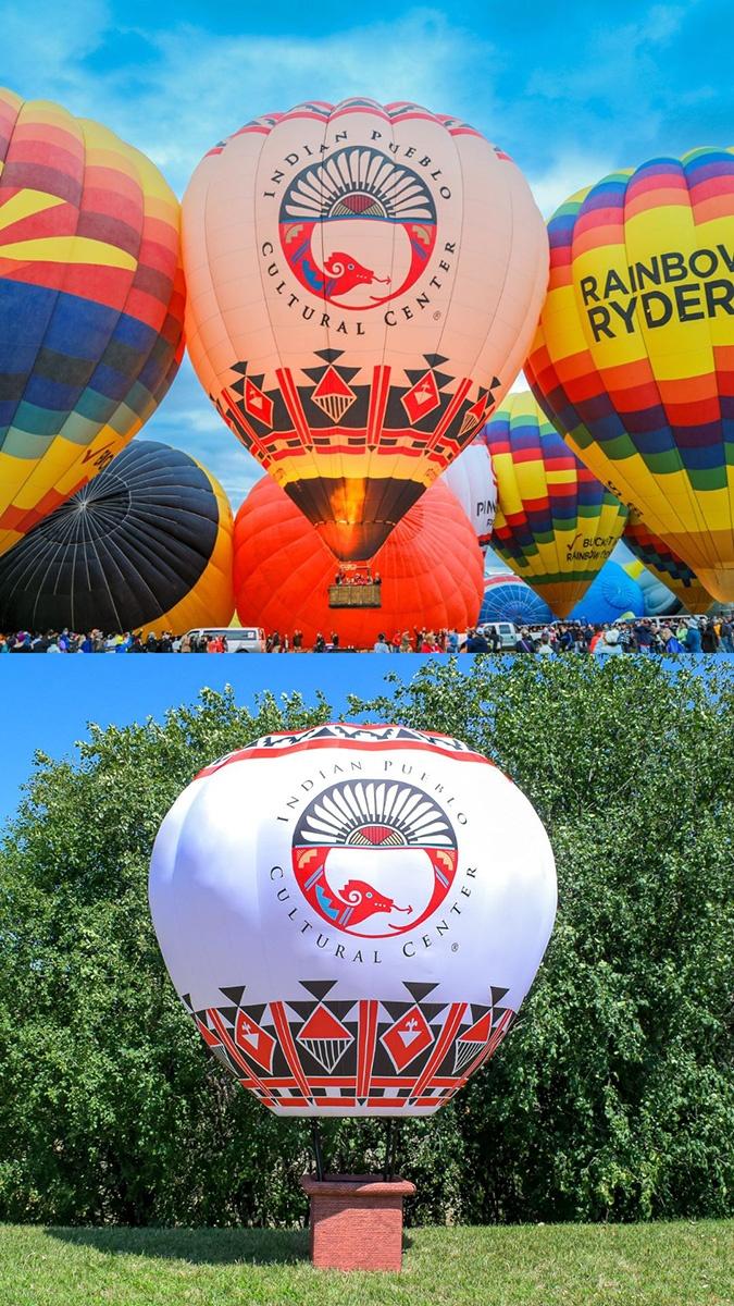 custom inflatable hot air shape replica next to image of hot air balloon for Indian Pueblo Hot Air Balloon