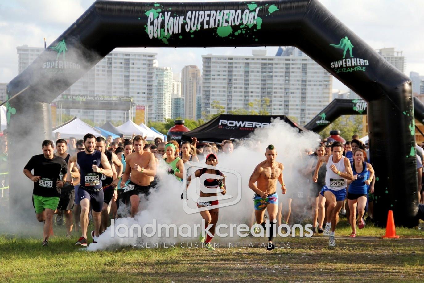 SUPERHERO SCRAMBLE Inflatable Start Arch at Racing Event