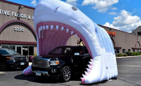custom inflatable shark tunnel outside in parking lot