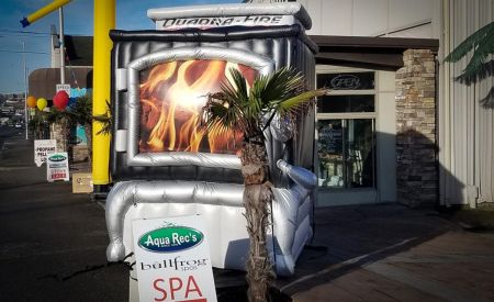 Custom Inflatable Fireplace Replica in front of store