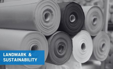 rolls of fabric with tagline landmark & sustainability