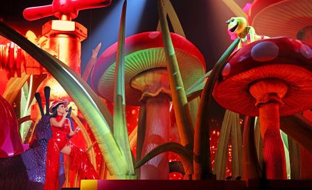 katy perry with custom inflatable mushroom stage props at PLAY residency